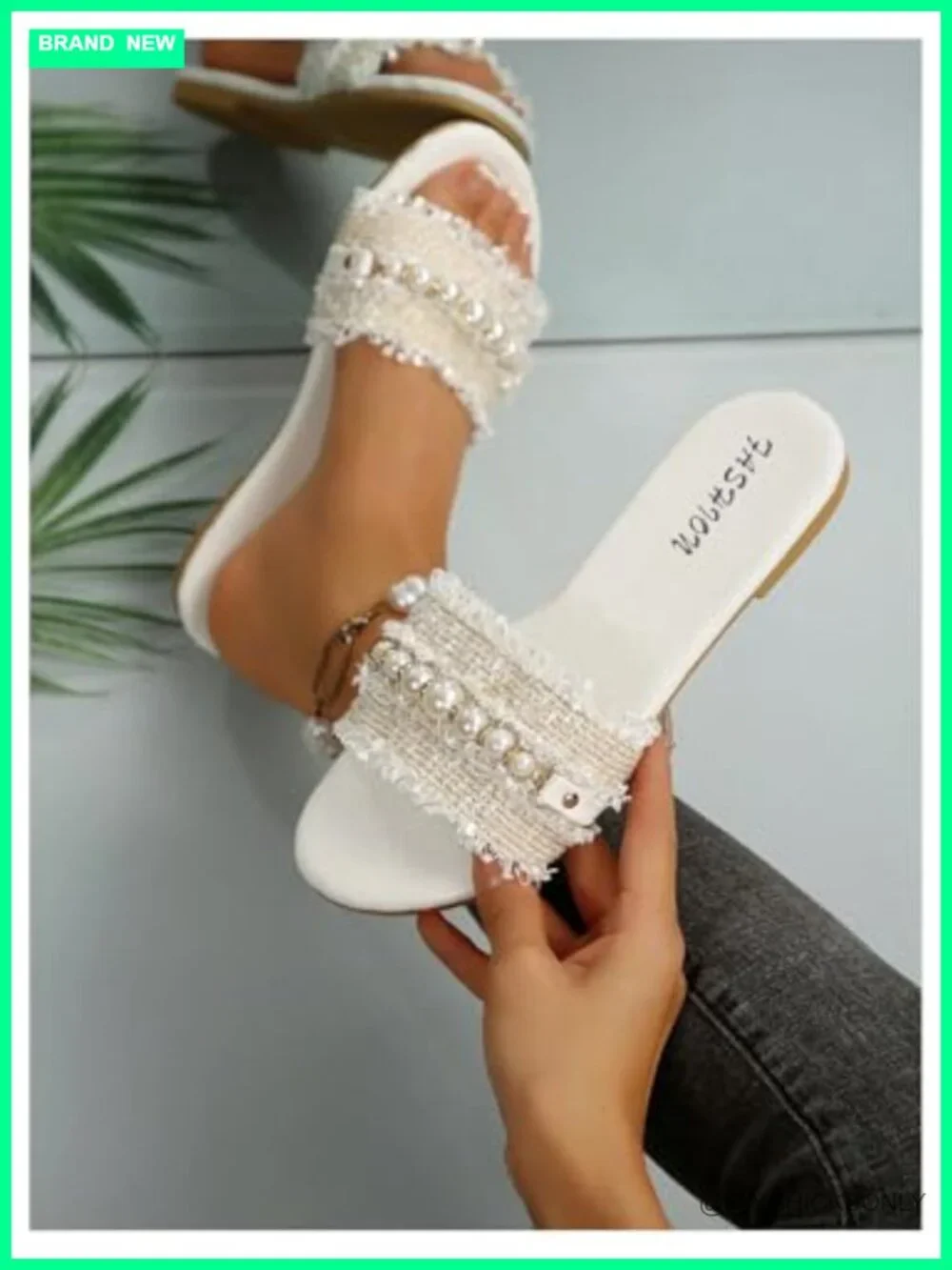 Pearl Chain Slide Sandals, Open Toe Slip On Flat Sandals for Women